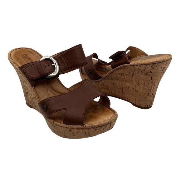 Born Brown Leather Cork Wedge Platform Slip On Sandals Size 9 Women's - Picture 1 of 9